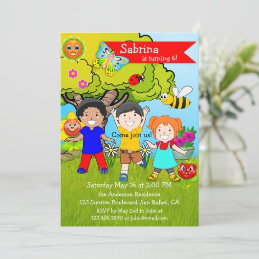 Summer Garden Children Birthday Party Invitation Kaart (Staand voorkant)