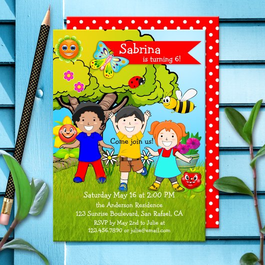 Summer Garden Children Birthday Party Invitation Kaart
