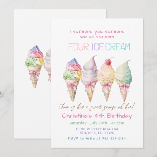 Summer Girl Ice Cream 4e verjaardag Uitnodiging (Voorkant / Achterkant)