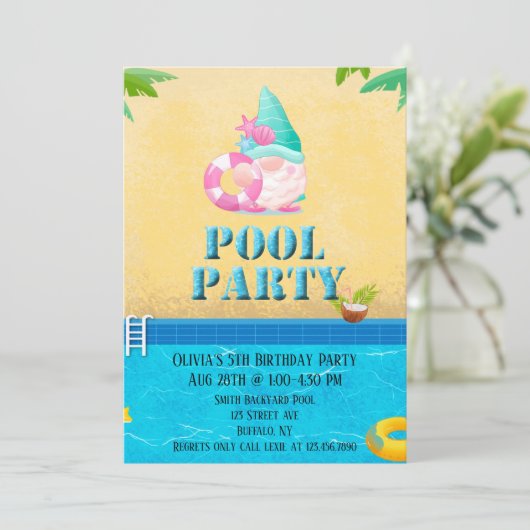 Summer Gnome Pool Birthday Party Invitation Kaart (Staand voorkant)