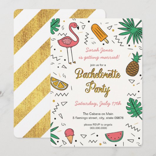 Summer Gold Flamingo Pineapple Bachelorette Party Kaart (Voorkant / Achterkant)