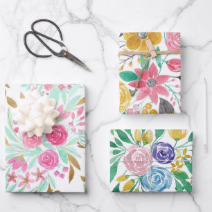 Summer Gold Pink Blauwgroen Waterverf Flowers Patr Inpakpapier Vel