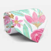 Summer Gold Pink Blauwgroen Waterverf Flowers Patr Stropdas (Opgerold)