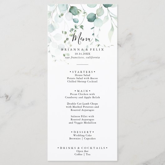 Summer Green Eucalyptus Foliage Dinner Menu (Voorkant)