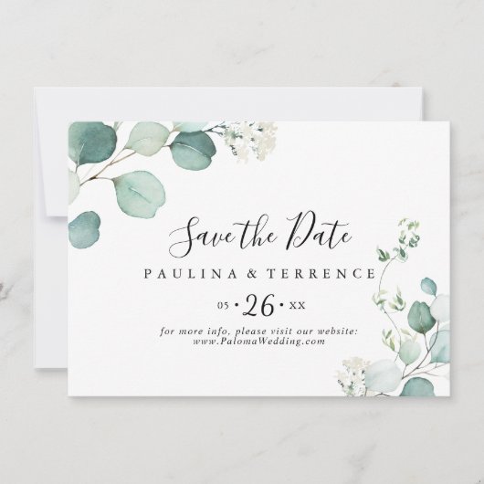 Summer Green Eucalyptus Foliage Horizontal Wedding Save The Date (Voorkant)