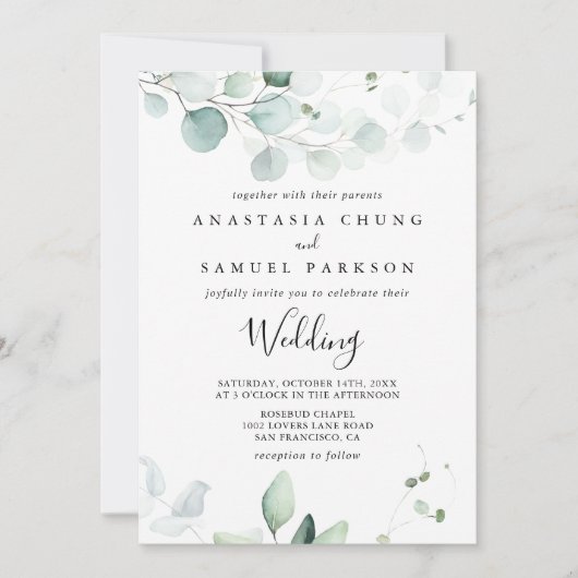Summer Green Eucalyptus Front & Back Wedding Kaart (Voorkant)