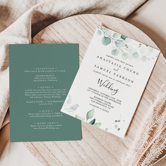 Summer Green Eucalyptus Front & Back Wedding Kaart