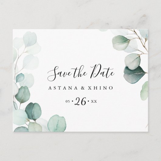 Summer Green Eucalyptus Horizontal Save the Date Briefkaart (Voorkant)