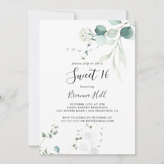 Summer Green Eucalyptus Sweet 16 Birthday Party Kaart (Voorkant)