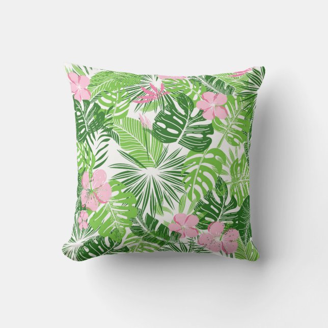Summer Green Tropical Leaves Pink Floral Pattern Kussen (Voorkant)
