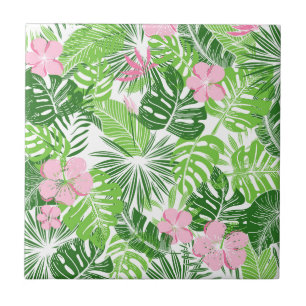 Summer Green Tropical Leaves Pink Floral Pattern Tegeltje
