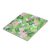 Summer Green Tropical Leaves Pink Floral Pattern Tegeltje (Zijkant)
