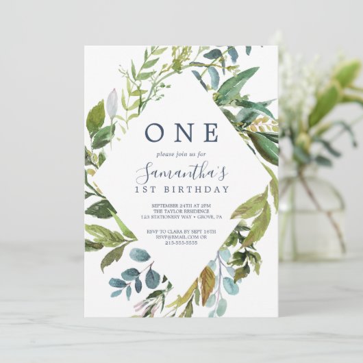 Summer Greenery Diamond Wreate First Birthday Kaart (Staand voorkant)