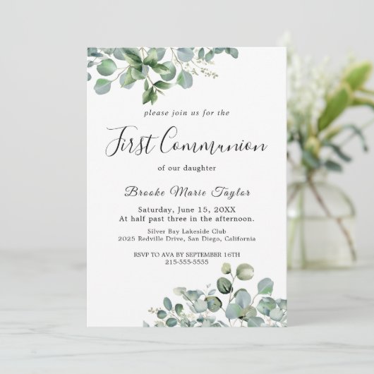 Summer Greenery eerste communie uitnodiging (Staand voorkant)