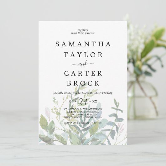 Summer Greenery Faded Foliage Wedding Kaart (Staand voorkant)