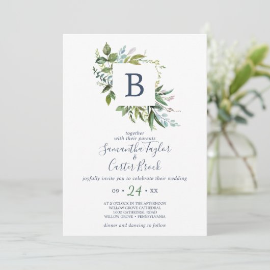 Summer Greenery Monogram Wedding Kaart (Staand voorkant)