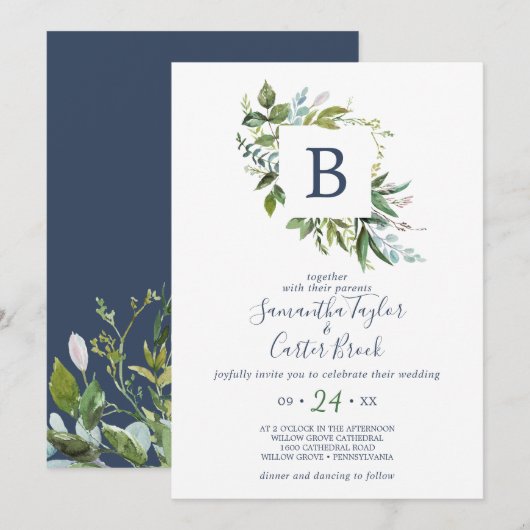 Summer Greenery Monogram Wedding Kaart (Voorkant / Achterkant)
