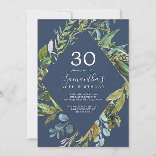 Summer Greenery Navy Diamond Wreath 30th Birthday Kaart (Voorkant)