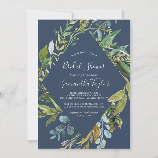 Summer Greenery Navy Diamond Wreath Vrijgezellenfe Kaart (Voorkant)