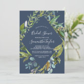 Summer Greenery Navy Diamond Wreath Vrijgezellenfe Kaart (Staand voorkant)