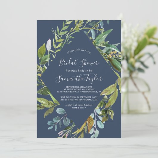 Summer Greenery Navy Diamond Wreath Vrijgezellenfe Kaart (Staand voorkant)