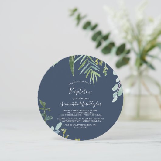 Summer Greenery Navy Round Baptisme Kaart (Staand voorkant)