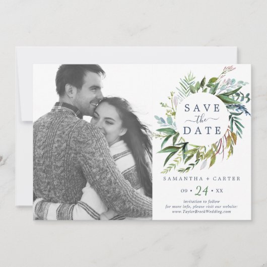 Summer Greenery Wreath Photo Save the Date Kaart (Voorkant)