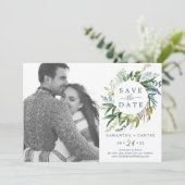 Summer Greenery Wreath Photo Save the Date Kaart (Staand voorkant)