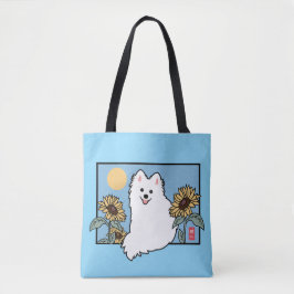 Summer Happy Spitz Hond zittend met Zonnebloemen Tote Bag