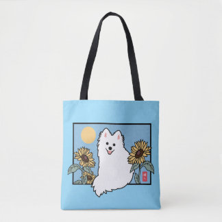 Summer Happy Spitz Hond zittend met Zonnebloemen Tote Bag