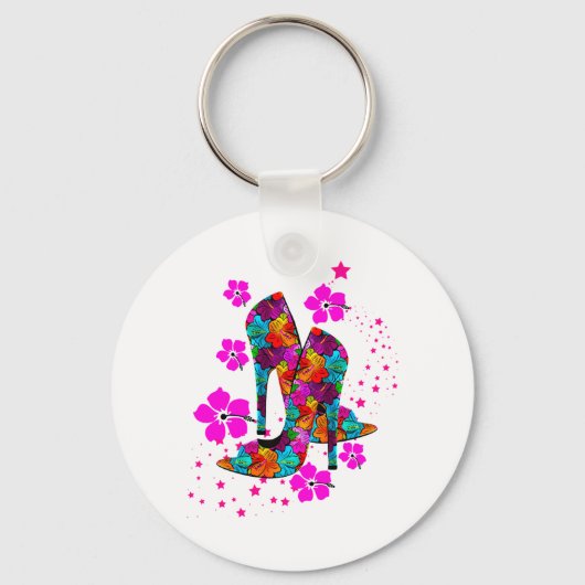 Summer High Hiel Shoes Hot Pink Flowers Sleutelhanger (Voorkant)