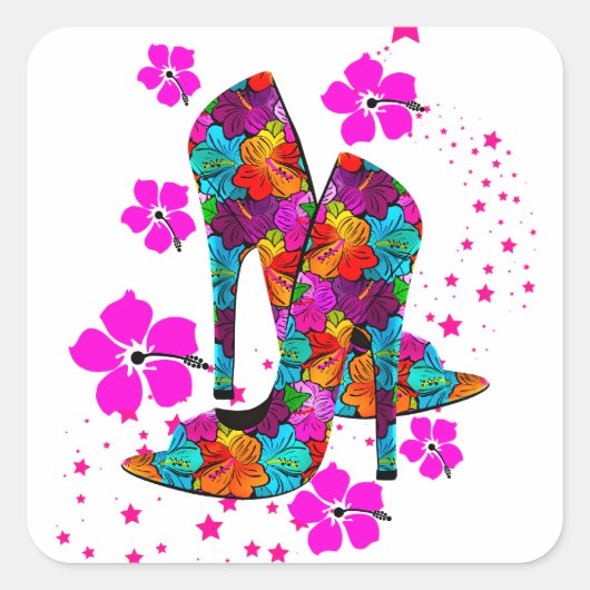 Summer High Hiel Shoes Hot Pink Flowers Vierkante Sticker (Voorkant)