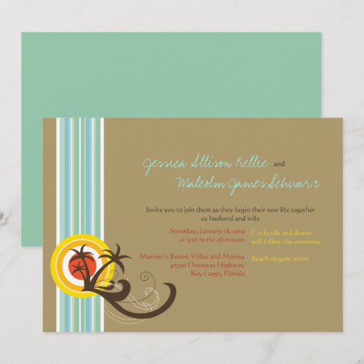 Summer Holiday Palms Tropical Beach Wedding Invite Kaart (Voorkant / Achterkant)