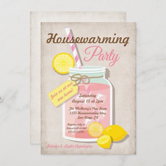 Summer Housewarming Mason Jar Lemonade Party Kaart (Voorkant / Achterkant)