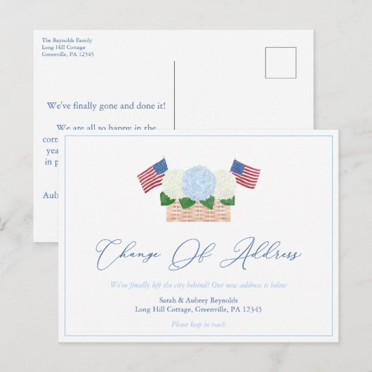 Summer Hydrangeas Verenigde Staten Vlaggen Verande Aankondigingskaart (Voorkant / Achterkant)