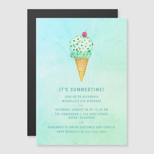 Summer Ice Cream Birthday Magnetische Uitnodiging (Voorkant / Achterkant)