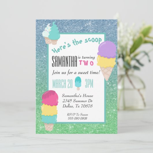 Summer Ice Cream Glitter Hier is de Scoop Birthday Kaart (Staand voorkant)