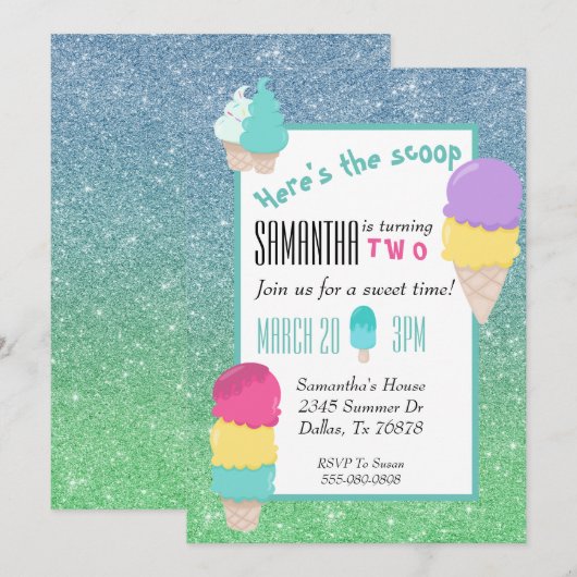 Summer Ice Cream Glitter Hier is de Scoop Birthday Kaart (Voorkant / Achterkant)