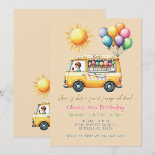 Summer Ice Cream Truck Verjaardagsuitnodiging Kaart (Voorkant / Achterkant)