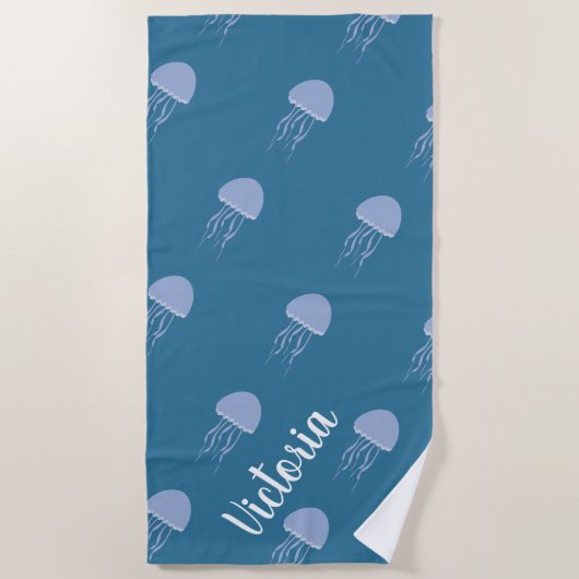 Summer Jellyfish Blue Name Beach Towel Strandlaken (Voorkant)
