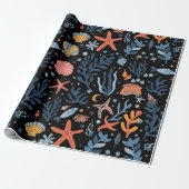 Summer Kind's Birthday Seashells Coral Black Cadeaupapier (Uitgerold)
