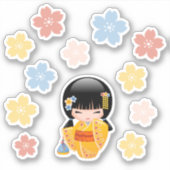Summer Kokeshi Doll - Schattige Kimono Geisha Meis Sticker (Voorkant)