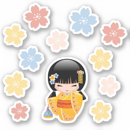 Summer Kokeshi Doll - Schattige Kimono Geisha Meis Sticker (Voorkant)