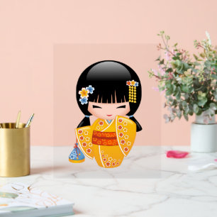 Summer Kokeshi Doll - Yellow Kimono Geisha Girl Acryl Bord