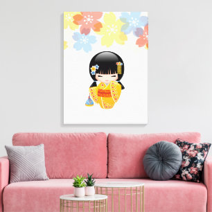 Summer Kokeshi Doll - Yellow Kimono Geisha Girl Canvas Afdruk