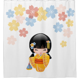 Summer Kokeshi Doll Yellow Kimono Geisha Girl Douchegordijn
