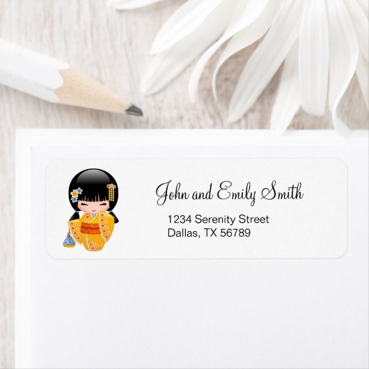 Summer Kokeshi Doll - Yellow Kimono Geisha Girl Etiket (Insitu)