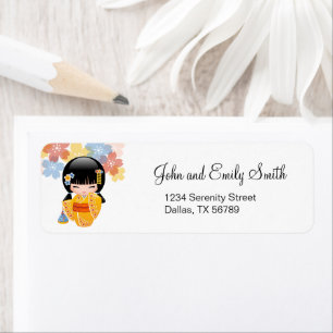 Summer Kokeshi Doll - Yellow Kimono Geisha Girl Etiket