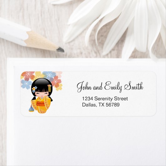 Summer Kokeshi Doll - Yellow Kimono Geisha Girl Etiket (Insitu)