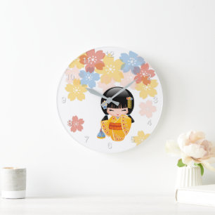 Summer Kokeshi Doll - Yellow Kimono Geisha Girl Grote Klok